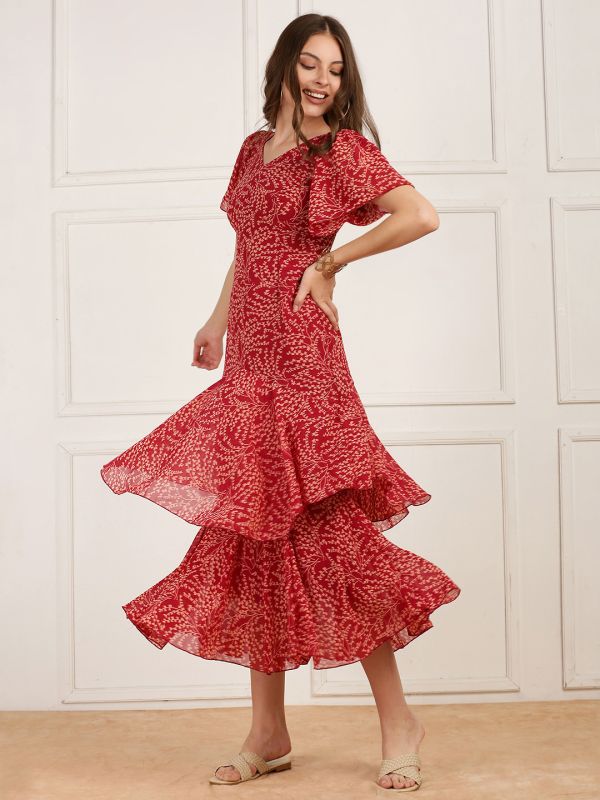 Globus Women Maroon V-Neck Flutter Sleeves Printed Layered Georgette Midi Dress 