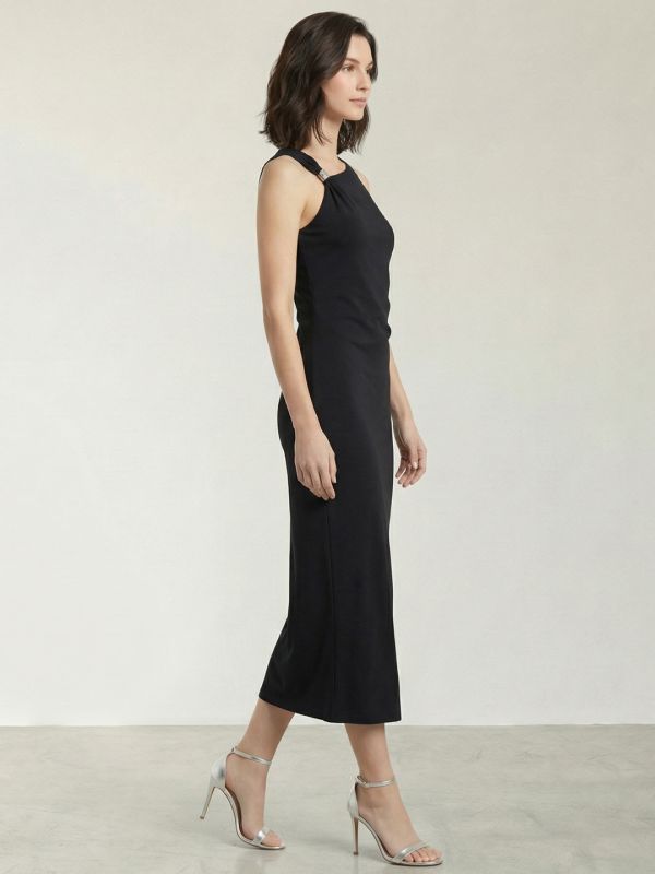 Globus Women Black One Shoulder Twisted Detail Back Slit Midi Bodycon Party Dress