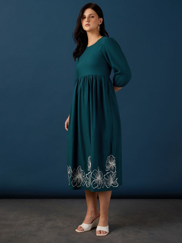 Globus Women Teal Round Neck Puff Sleeves Floral Embroidered Gathered Fit & Flare Midi Dress