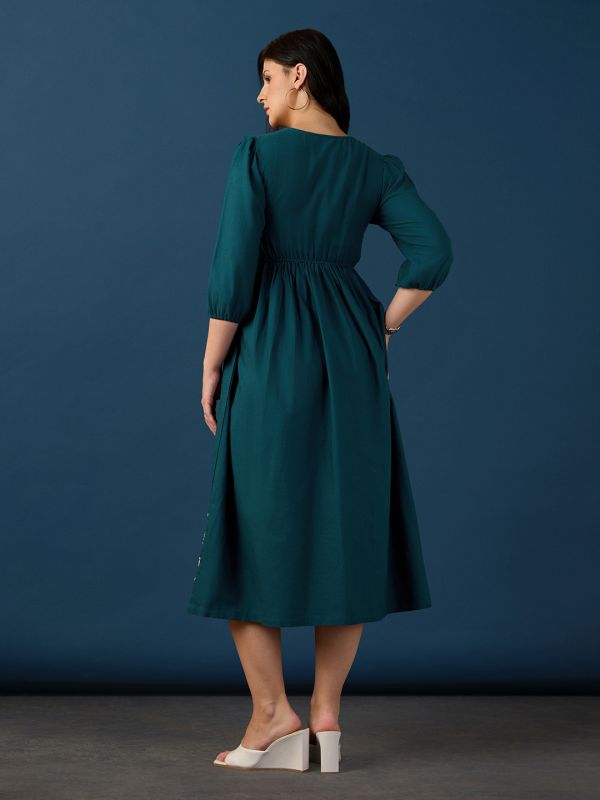 Globus Women Teal Round Neck Puff Sleeves Floral Embroidered Gathered Fit & Flare Midi Dress
