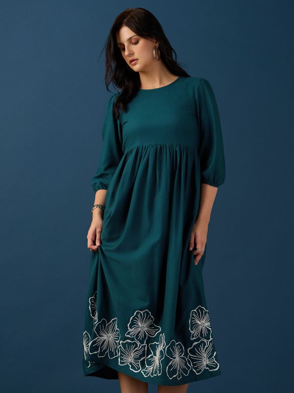 Globus Women Teal Round Neck Puff Sleeves Floral Embroidered Gathered Fit & Flare Midi Dress