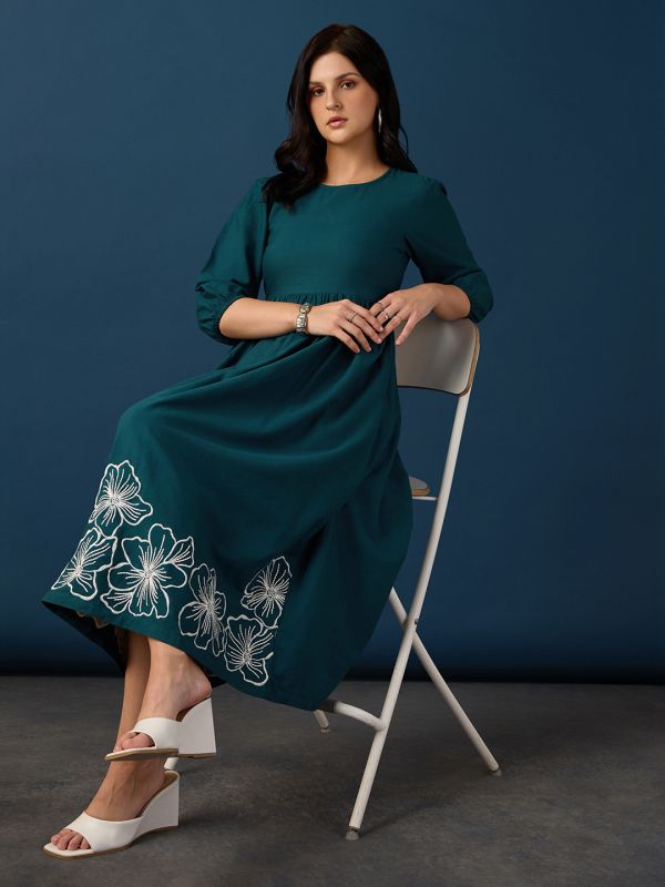 Globus Women Teal Round Neck Puff Sleeves Floral Embroidered Gathered Fit & Flare Midi Dress