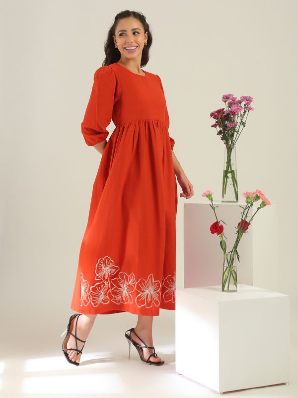 Globus Women Rust Round Neck Puff Sleeves Floral Embroidered Smocked Gathered Fit & Flare Midi Dress