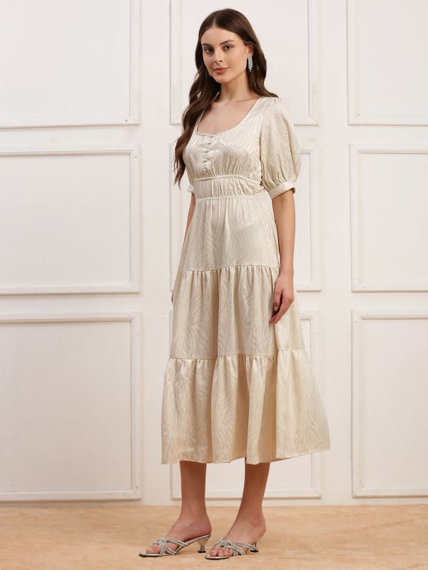 Globus Women White Square Neck Puff Sleeves Jacqaurd Flared Midi Party Dress