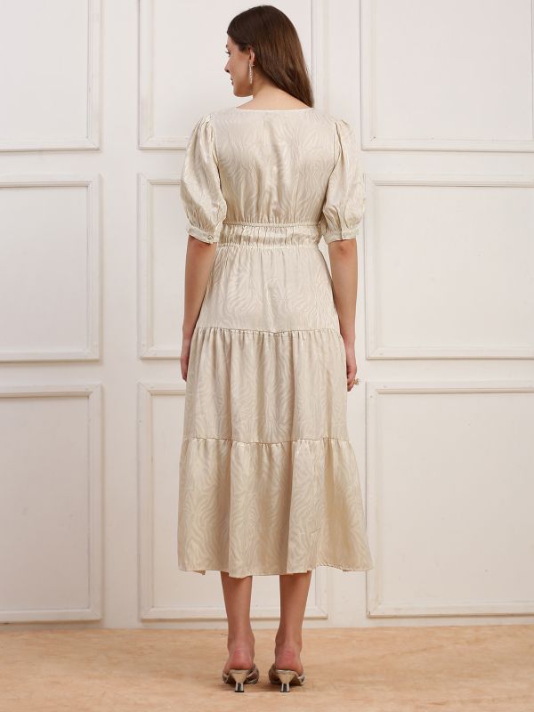 Globus Women White Square Neck Puff Sleeves Jacqaurd Flared Midi Party Dress