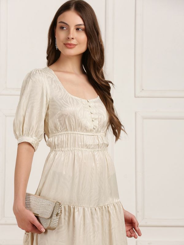 Globus Women White Square Neck Puff Sleeves Jacqaurd Flared Midi Party Dress