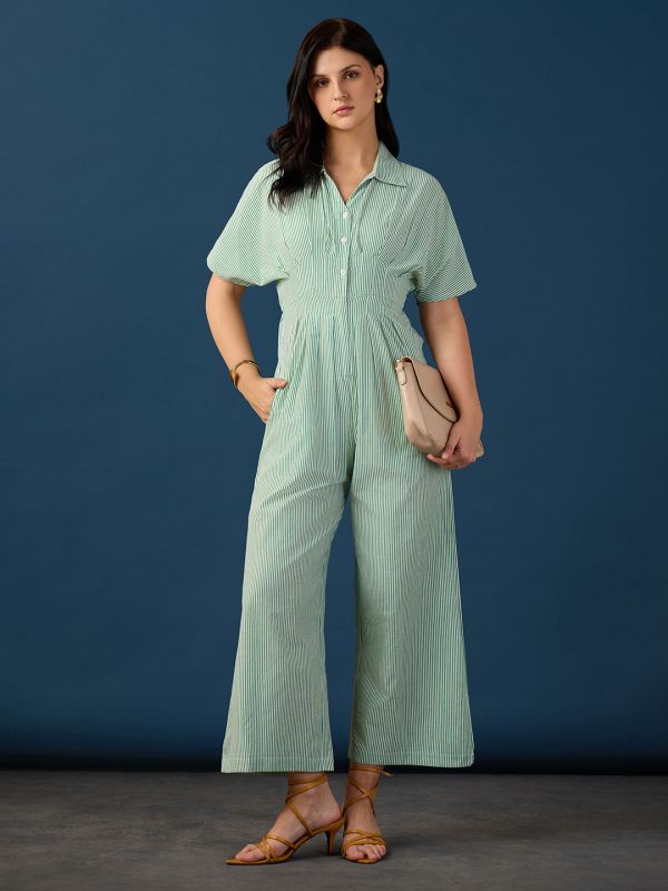 Globus Women Green Shirt Collar Extended Sleeves Striped Pleated Button Detail Wide Leg Workwear Jumpsuit