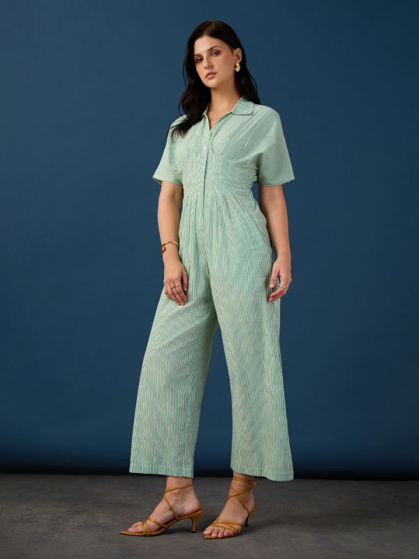 Globus Women Green Shirt Collar Extended Sleeves Striped Pleated Button Detail Wide Leg Workwear Jumpsuit