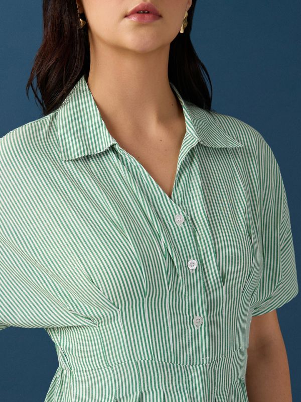 Globus Women Green Shirt Collar Extended Sleeves Striped Pleated Button Detail Wide Leg Workwear Jumpsuit