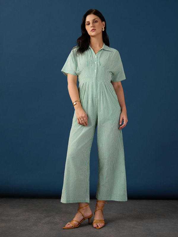 Globus Women Green Shirt Collar Extended Sleeves Striped Pleated Button Detail Wide Leg Workwear Jumpsuit