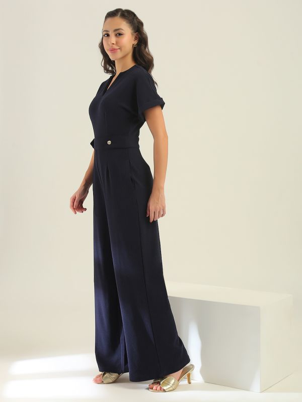 Globus Women Blue V-Neck Extended Sleeves Self Design Wide Leg Belted Workwear Jumpsuit