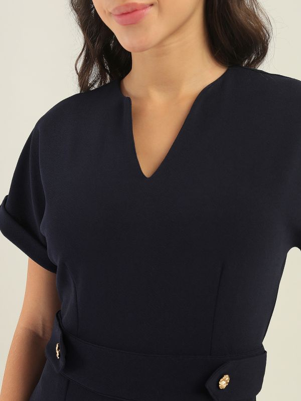Globus Women Blue V-Neck Extended Sleeves Self Design Wide Leg Belted Workwear Jumpsuit