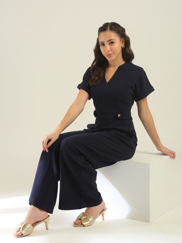 Globus Women Blue V-Neck Extended Sleeves Self Design Wide Leg Belted Workwear Jumpsuit