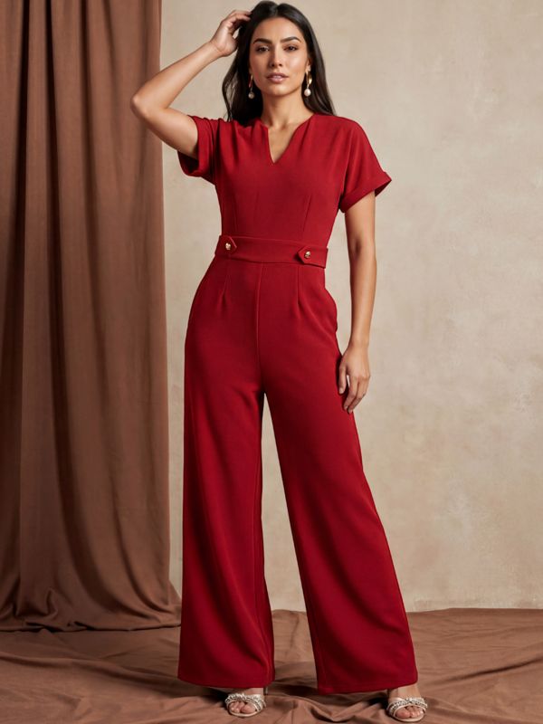 Globus Women Maroon V-Neck Extended Sleeves Self Design Wide Leg Belted Workwear Jumpsuit