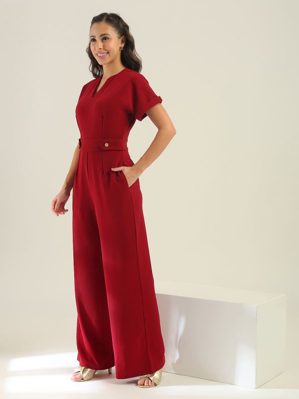 Globus Women Maroon V-Neck Extended Sleeves Self Design Wide Leg Belted Workwear Jumpsuit
