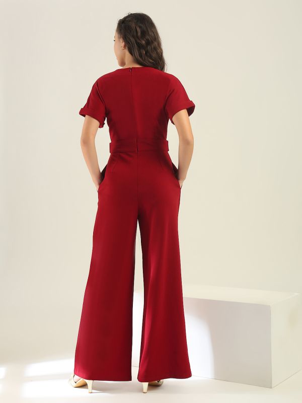 Globus Women Maroon V-Neck Extended Sleeves Self Design Wide Leg Belted Workwear Jumpsuit