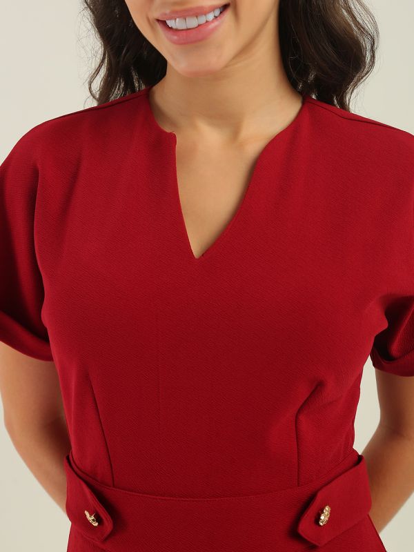 Globus Women Maroon V-Neck Extended Sleeves Self Design Wide Leg Belted Workwear Jumpsuit
