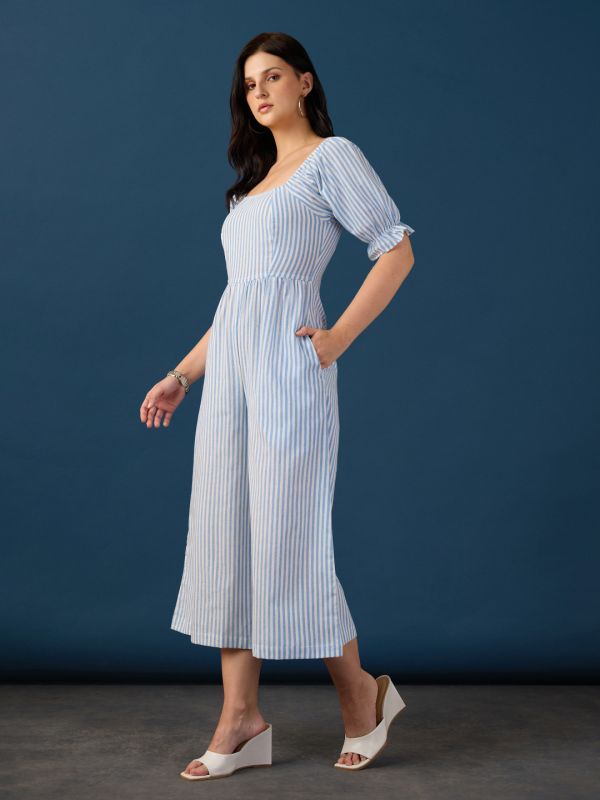 Globus Women Blue Square Neck Puff Sleeves Striped Smocked Wide Leg Jumpsuit
