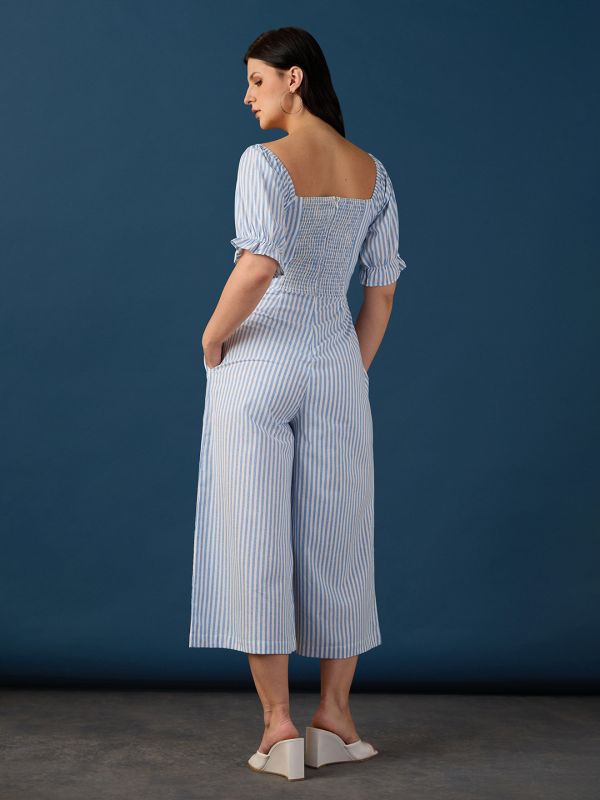 Globus Women Blue Square Neck Puff Sleeves Striped Smocked Wide Leg Jumpsuit