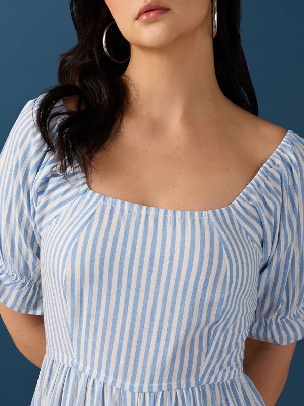 Globus Women Blue Square Neck Puff Sleeves Striped Smocked Wide Leg Jumpsuit