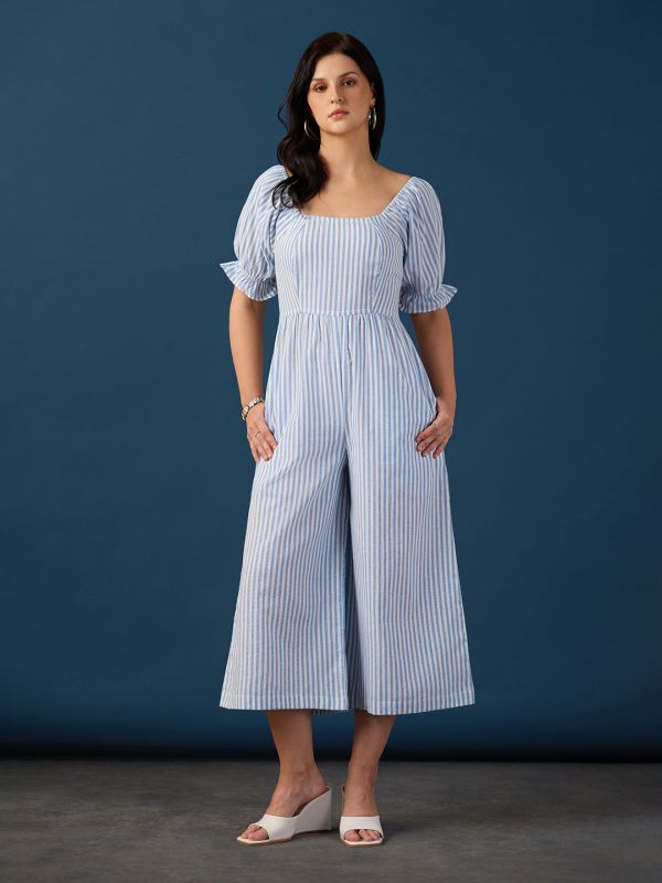 Globus Women Blue Square Neck Puff Sleeves Striped Smocked Wide Leg Jumpsuit