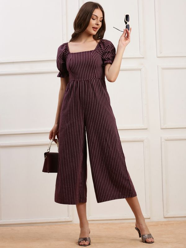 Globus Women Wine Striped Square Neck Puff Sleeves Smocked Back Cropped Wide Leg Jumpsuit