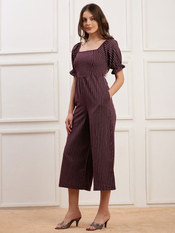 Globus Women Wine Striped Square Neck Puff Sleeves Smocked Back Cropped Wide Leg Jumpsuit