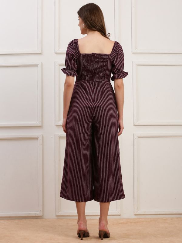 Globus Women Wine Striped Square Neck Puff Sleeves Smocked Back Cropped Wide Leg Jumpsuit