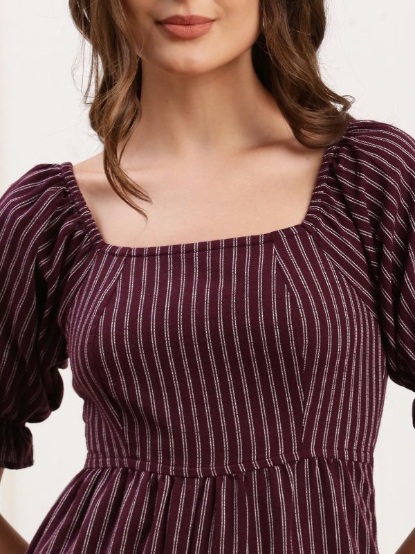 Globus Women Wine Striped Square Neck Puff Sleeves Smocked Back Cropped Wide Leg Jumpsuit