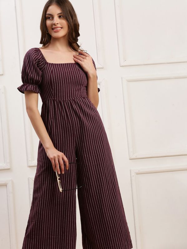 Globus Women Wine Striped Square Neck Puff Sleeves Smocked Back Cropped Wide Leg Jumpsuit