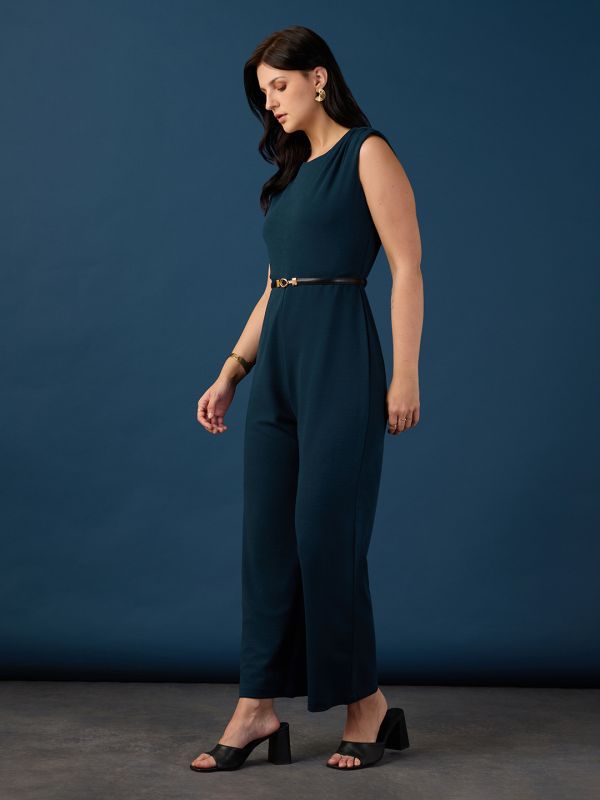 Globus Women Navy Blue Round Neck Sleeveless Gathered Detail Self Design Wide Leg Party Jumpsuit