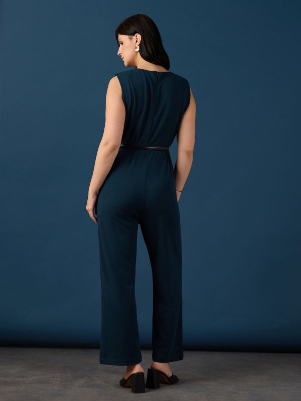 Globus Women Navy Blue Round Neck Sleeveless Gathered Detail Self Design Wide Leg Party Jumpsuit