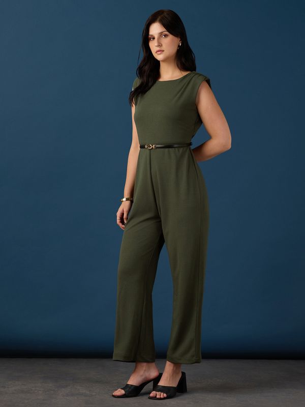 Globus Women Olive Round Neck Sleeveless Gathered Detail Self Design Wide Leg Party Jumpsuit