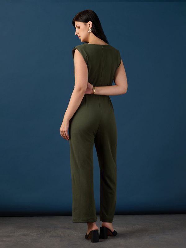 Globus Women Olive Round Neck Sleeveless Gathered Detail Self Design Wide Leg Party Jumpsuit