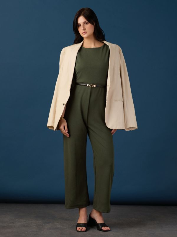 Globus Women Olive Round Neck Sleeveless Gathered Detail Self Design Wide Leg Party Jumpsuit