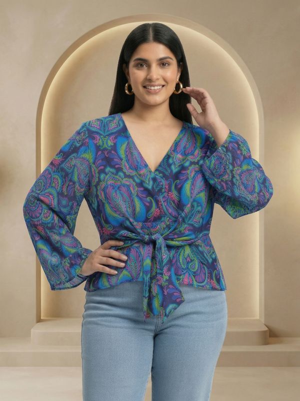 Globus Gloplus Women Blue Georgette Paisley Print V-Neck Wrap Waist Tie-Ups Flared Sleeves Plus Size Peplum Top