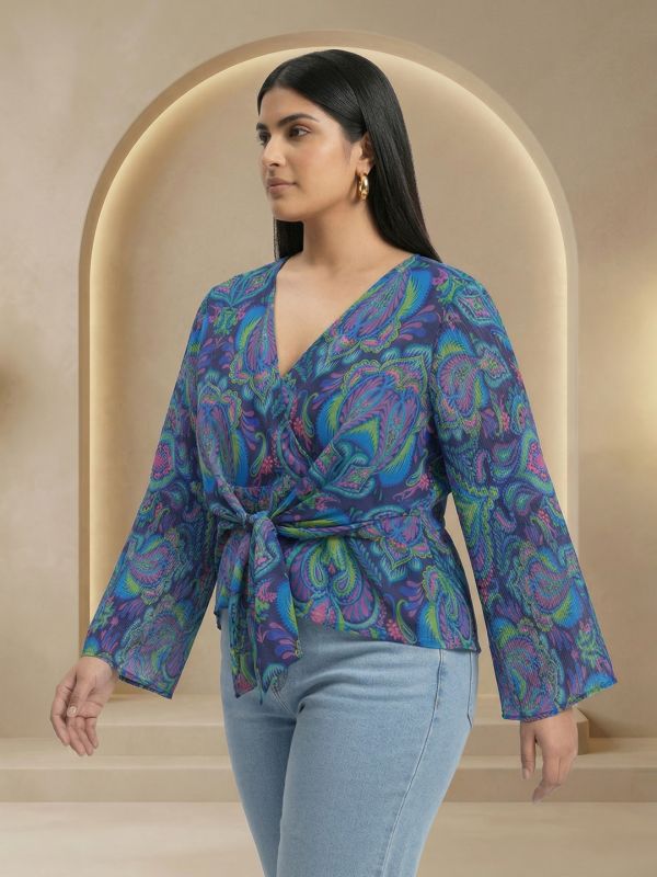 Globus Gloplus Women Blue Georgette Paisley Print V-Neck Wrap Waist Tie-Ups Flared Sleeves Plus Size Peplum Top