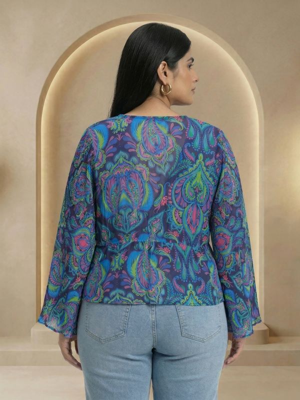 Globus Gloplus Women Blue Georgette Paisley Print V-Neck Wrap Waist Tie-Ups Flared Sleeves Plus Size Peplum Top