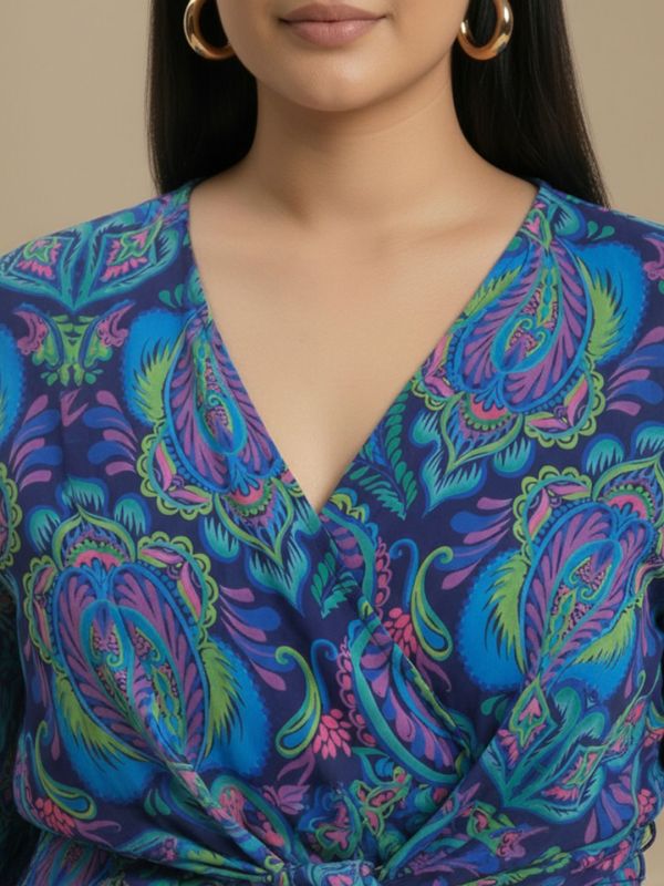 Globus Gloplus Women Blue Georgette Paisley Print V-Neck Wrap Waist Tie-Ups Flared Sleeves Plus Size Peplum Top
