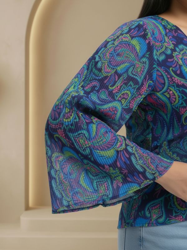 Globus Gloplus Women Blue Georgette Paisley Print V-Neck Wrap Waist Tie-Ups Flared Sleeves Plus Size Peplum Top