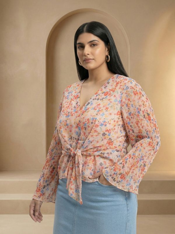 Globus Gloplus Women Multi Color Georgette Floral Print V-Neck Wrap Waist Tie-Ups Flared Sleeves Plus Size Peplum Top
