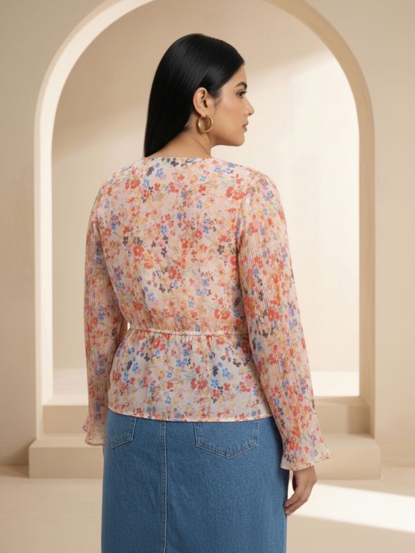 Globus Gloplus Women Multi Color Georgette Floral Print V-Neck Wrap Waist Tie-Ups Flared Sleeves Plus Size Peplum Top