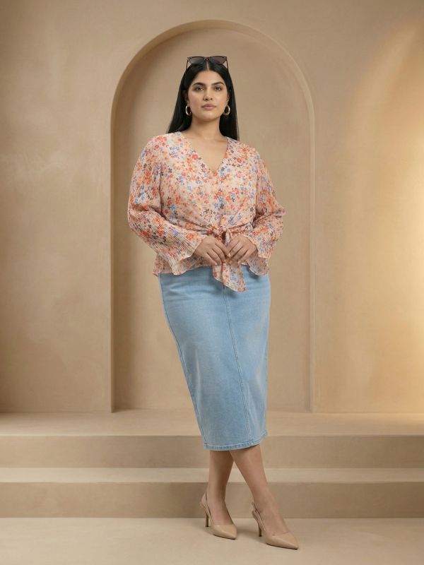 Globus Gloplus Women Multi Color Georgette Floral Print V-Neck Wrap Waist Tie-Ups Flared Sleeves Plus Size Peplum Top