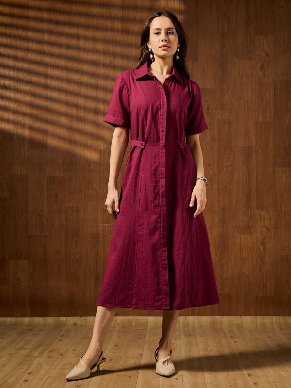 Globus Women Wine Collared Short Sleeves Solid Formal A-Line Midi Dress