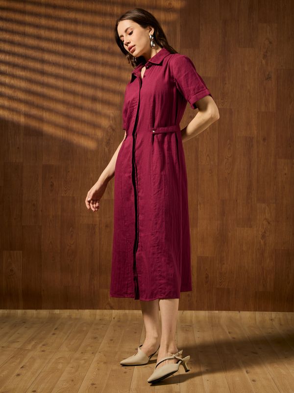 Globus Women Wine Collared Short Sleeves Solid Formal A-Line Midi Dress