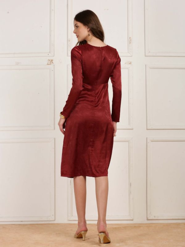 Globus Women Wine Collared Short Sleeves Solid Formal A-Line Midi Dress