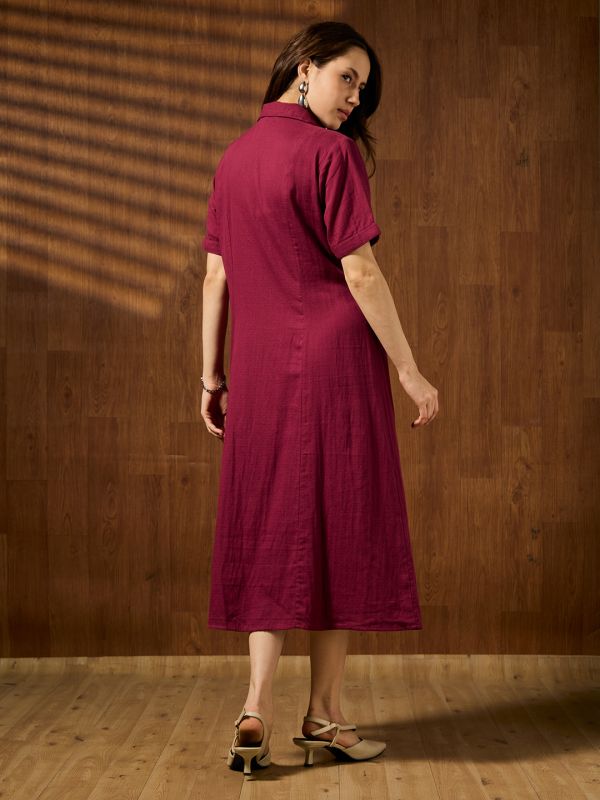 Globus Women Wine Collared Short Sleeves Solid Formal A-Line Midi Dress