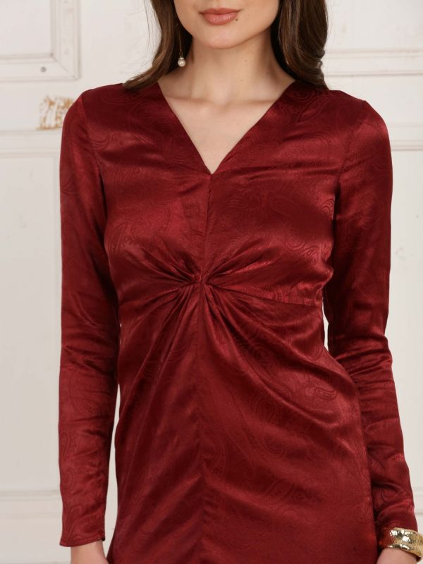 Globus Women Wine Collared Short Sleeves Solid Formal A-Line Midi Dress