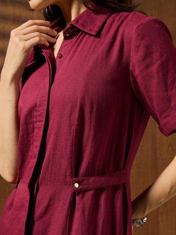 Globus Women Wine Collared Short Sleeves Solid Formal A-Line Midi Dress