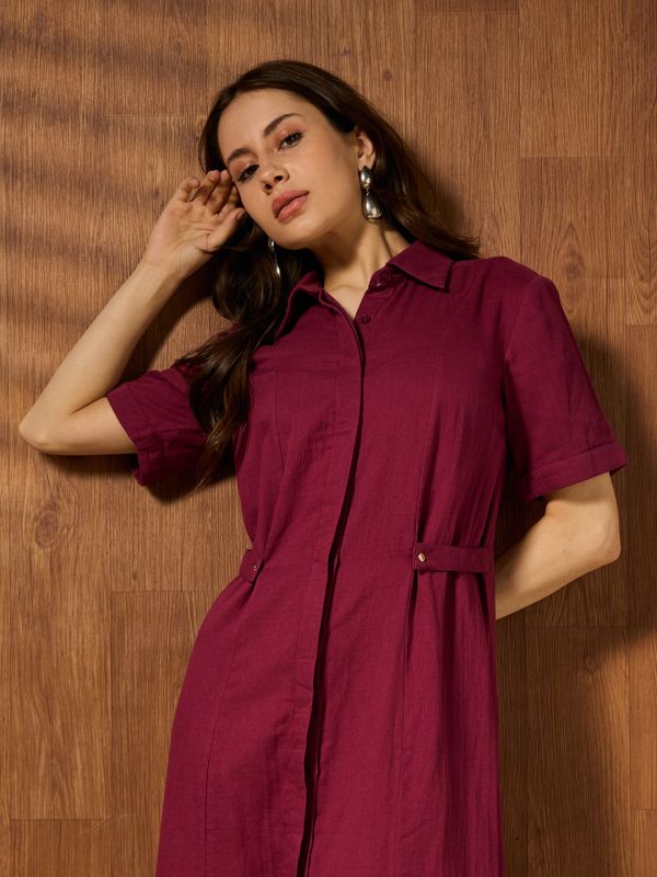 Globus Women Wine Collared Short Sleeves Solid Formal A-Line Midi Dress